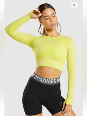 Gymshark Flex Sport Long Sleeve Crop Top Neon Yellow Thumbhole Open Back